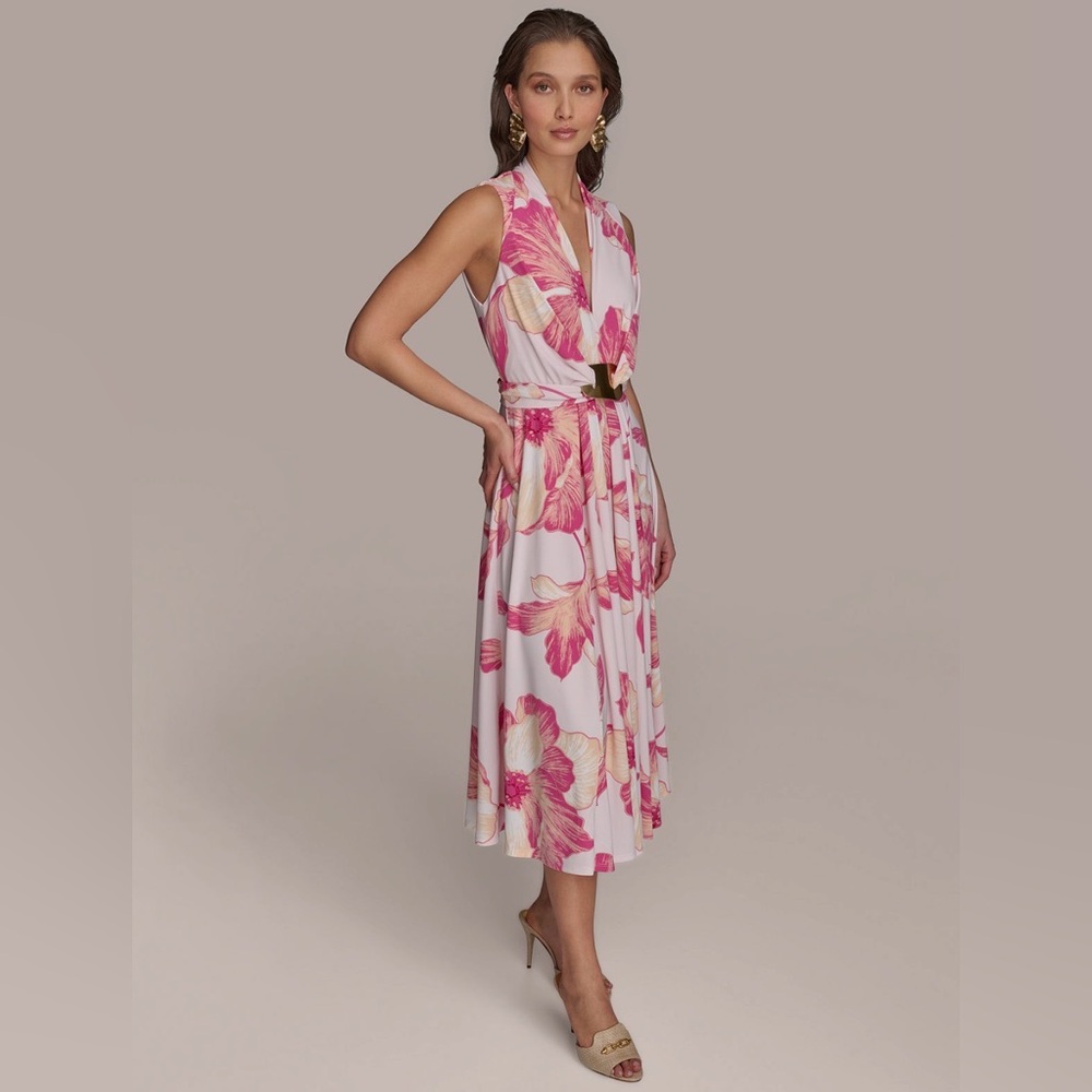 NWT Donna Karan Floral A-Line Midi Dress. Size 12. Misty Rose Pink - Picture 4 of 10